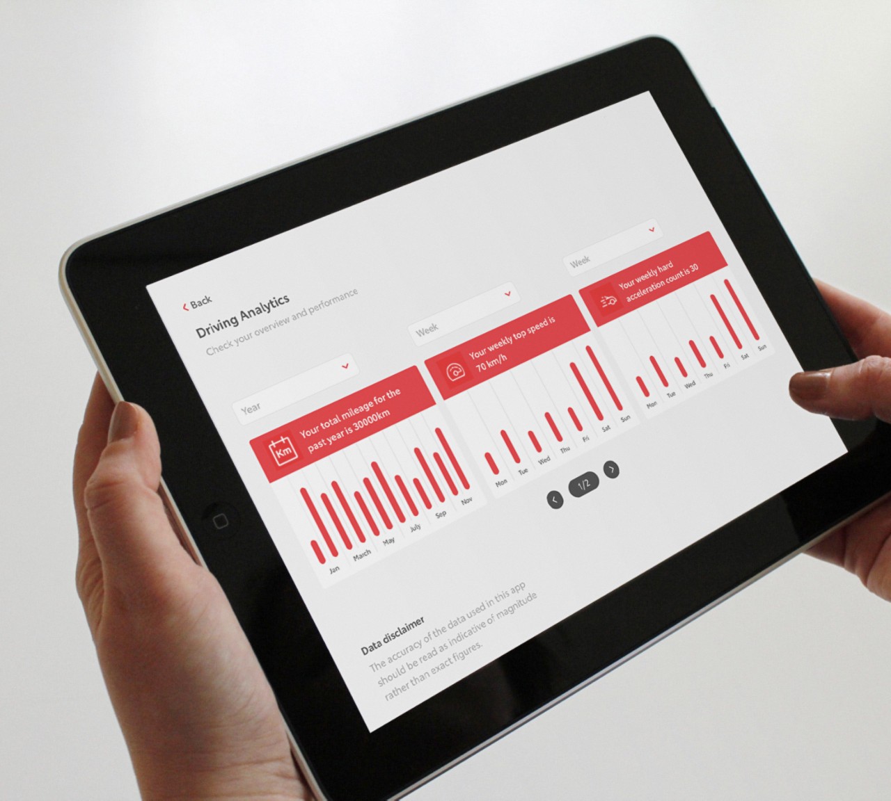 Henkilö pitää kädessään tablettia ja MyToyota -sovellusta.